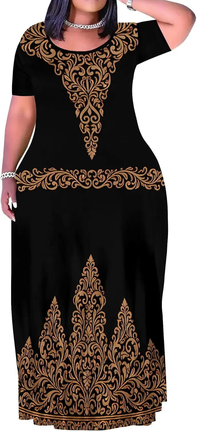 Plus Size Maxi Dress for Women Summer Casual Short Sleeve Tshirt Dresses with Pockets (XL-6XL)