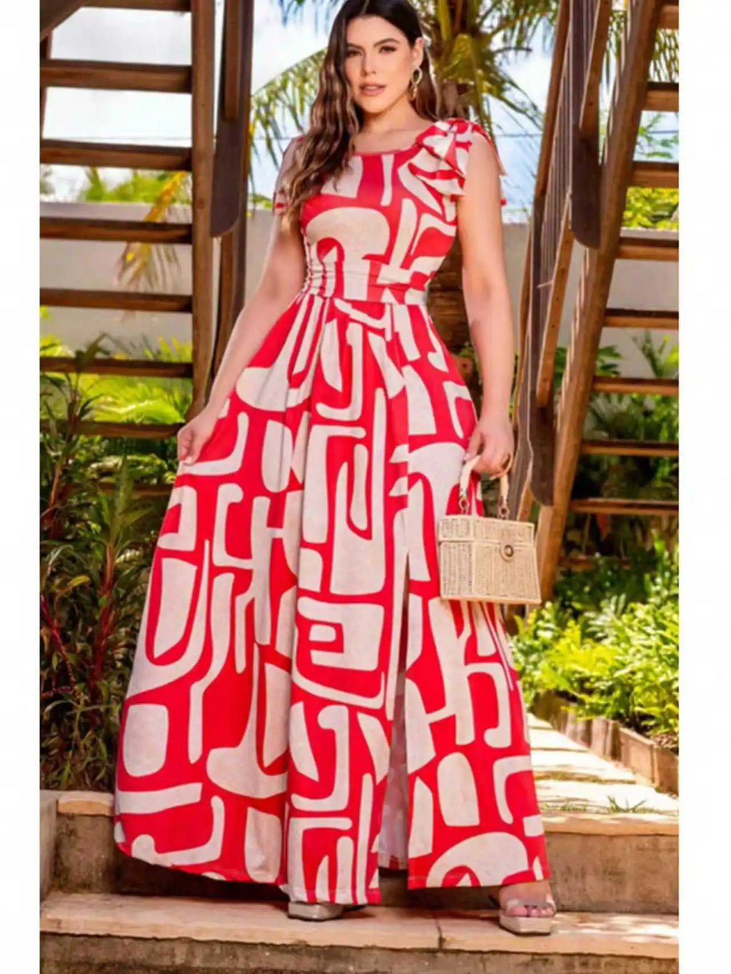 Plus size red and white geometric abstract print sleeveless maxi dress; single side bow waist cinching side slit flared hem vacation maxi dress