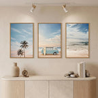 Set of 3 Framed Coastal Seaside Canvas Wall Art Prints 16 X 24 Inch Each, Blue Sky Palm Tree Surfboard Summer Van Bus Ocean Beach Artwork for Living Room Bedroom Dining Room Indoor Wall Decor