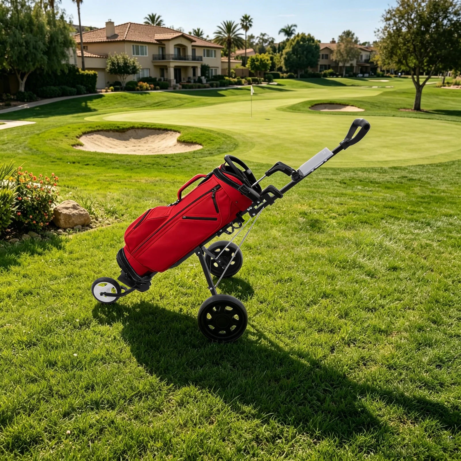 Golf Trolley, 3 Wheel Golf Push Cart, Folding Golf Cart, Heavy Duty Aluminum Frame, 44 lbs Load Capacity, Quick Fold, EVA Wheels, Foot Brake, Cup Holder, Scorecard