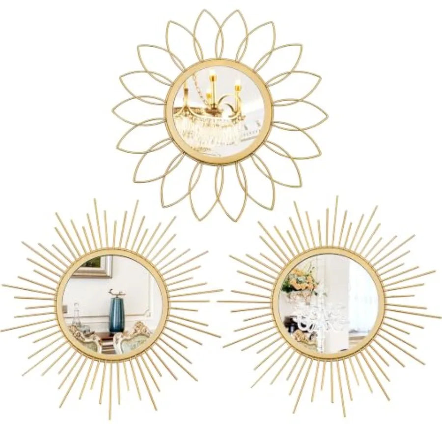 3 Pack Metal Mirrors for Wall Sunburst Wall Mirrors Home Décor Decorative Hanging Wall Art for Living Room Bedroom Entryway Gol