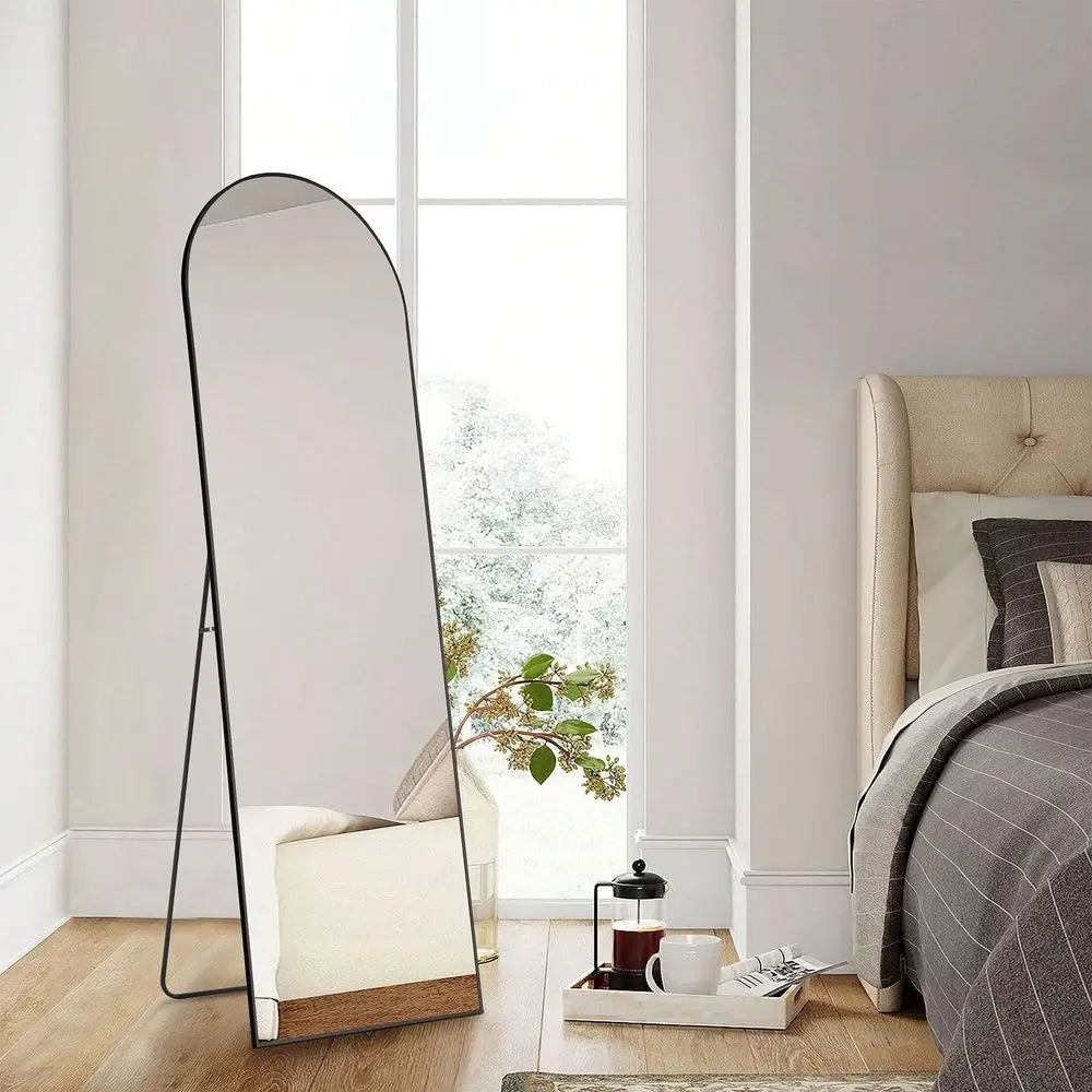 Black Aluminum Alloy Thin Frame Mirror, 64X21 Inch Arched Full Length Mirror with Stand for Bedroom and Living Room