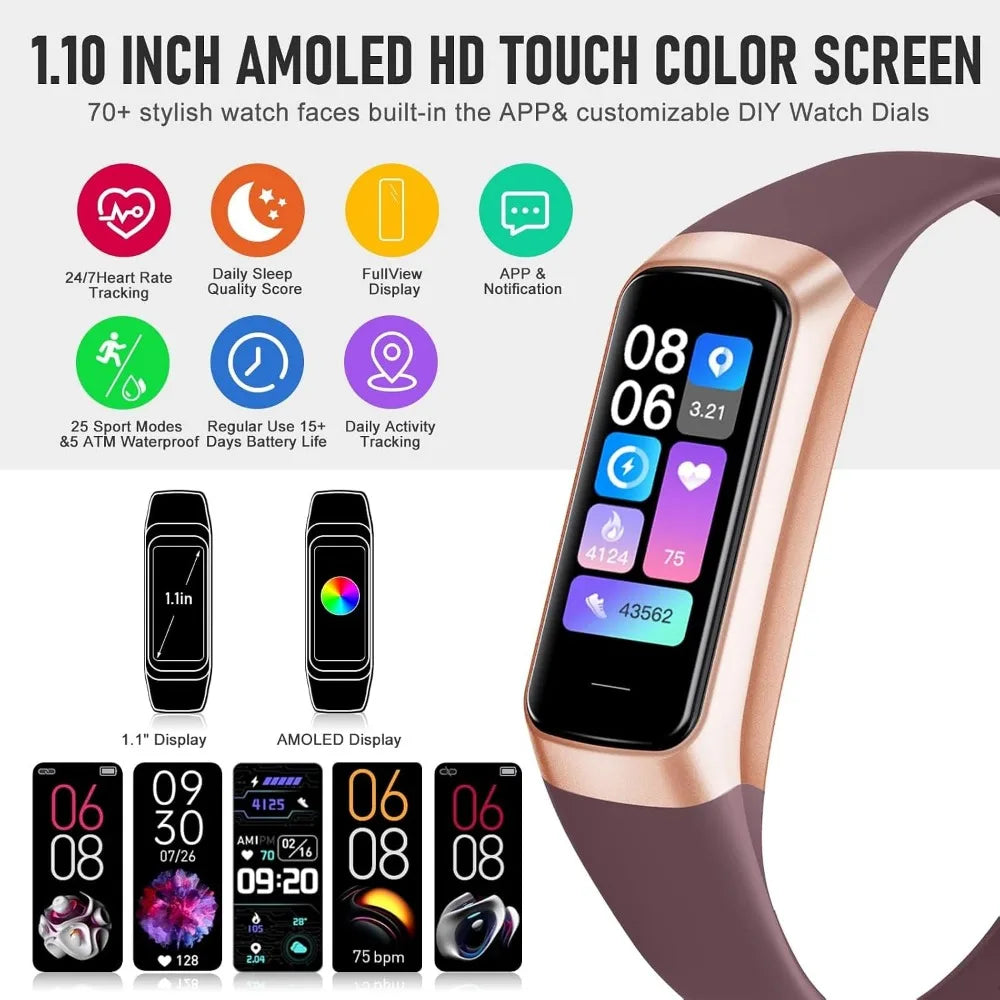 24/7 Heart Rate Monitor, Calorie and Sleep Tracker, 1.10" AMOLED Touch Screen Smartwatch for Men and Women