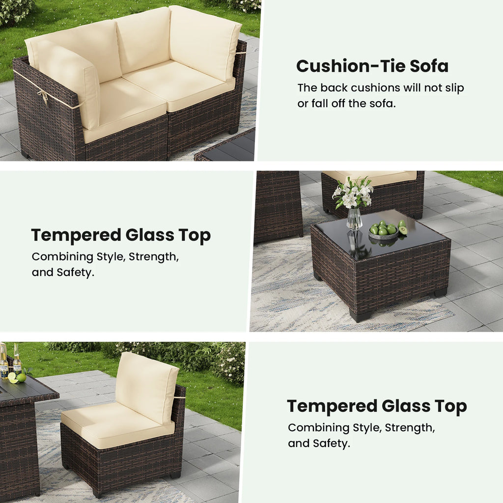 7 Piece Patio Furniture Set, Outdoor Sectional Rattan Conversation Set for Garden, Porch, Backyard