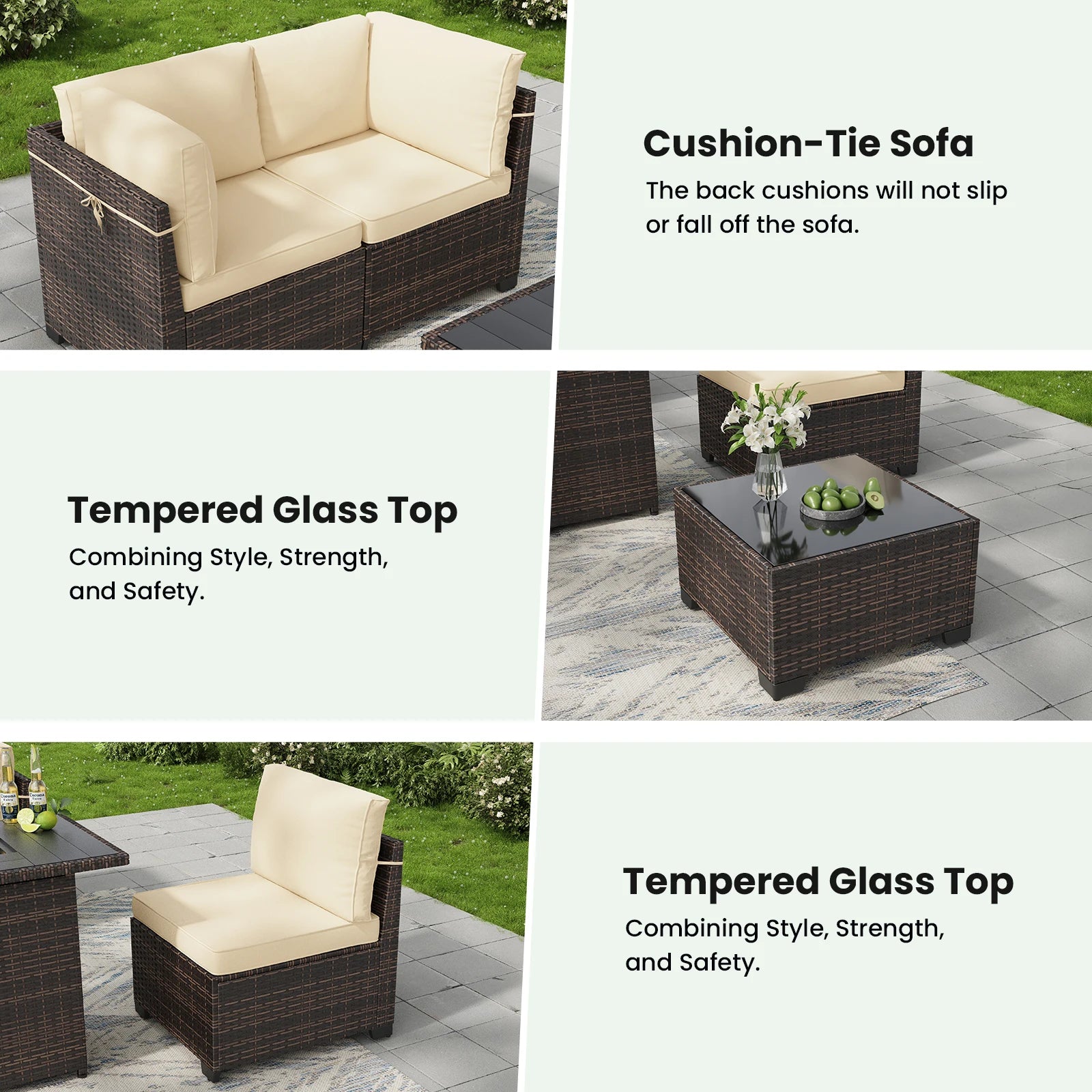 7 Piece Patio Furniture Set, Outdoor Sectional Rattan Conversation Set for Garden, Porch, Backyard