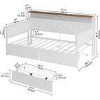 Twin Daybed with Storage, Metal Frame, X-Headboard, Charging Station, White/Walnut Upholstered
