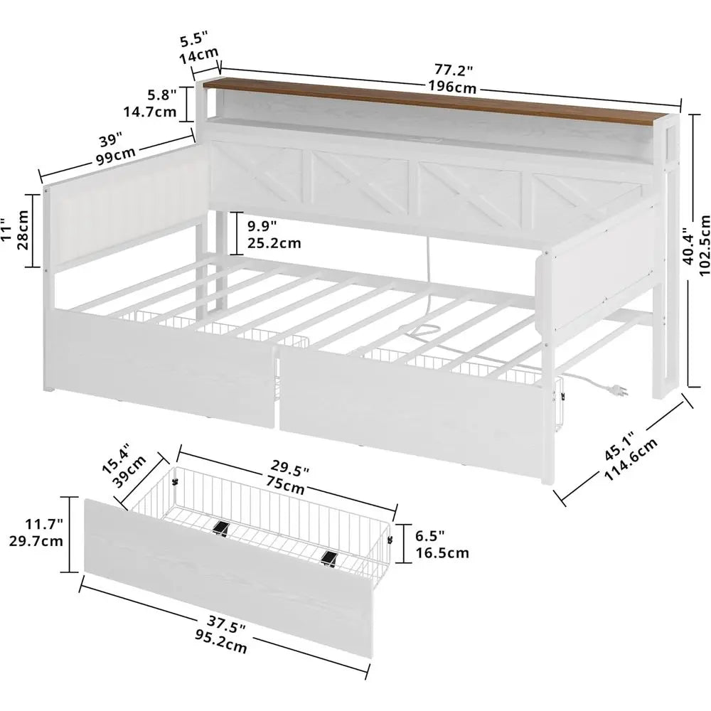 Twin Daybed with Storage, Metal Frame, X-Headboard, Charging Station, White/Walnut Upholstered