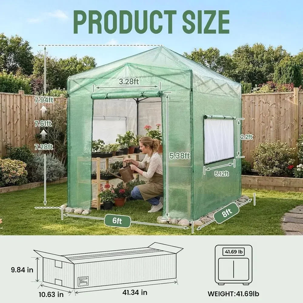 6x8ft Portable Outdoor Greenhouse Kit with Roll-Up Door, Adjustable Height, Mesh Windows, and Center Lock