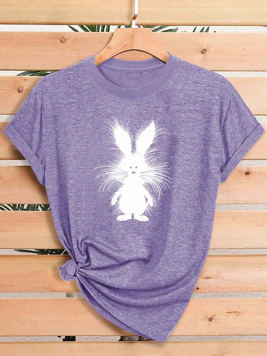 Women Fluffy White Bunny Rabbit Graphic T Shirt Cute Cartoon Animal Easter Spring Short Sleeve Crew Neck Heather Pink Casual Tee Tops