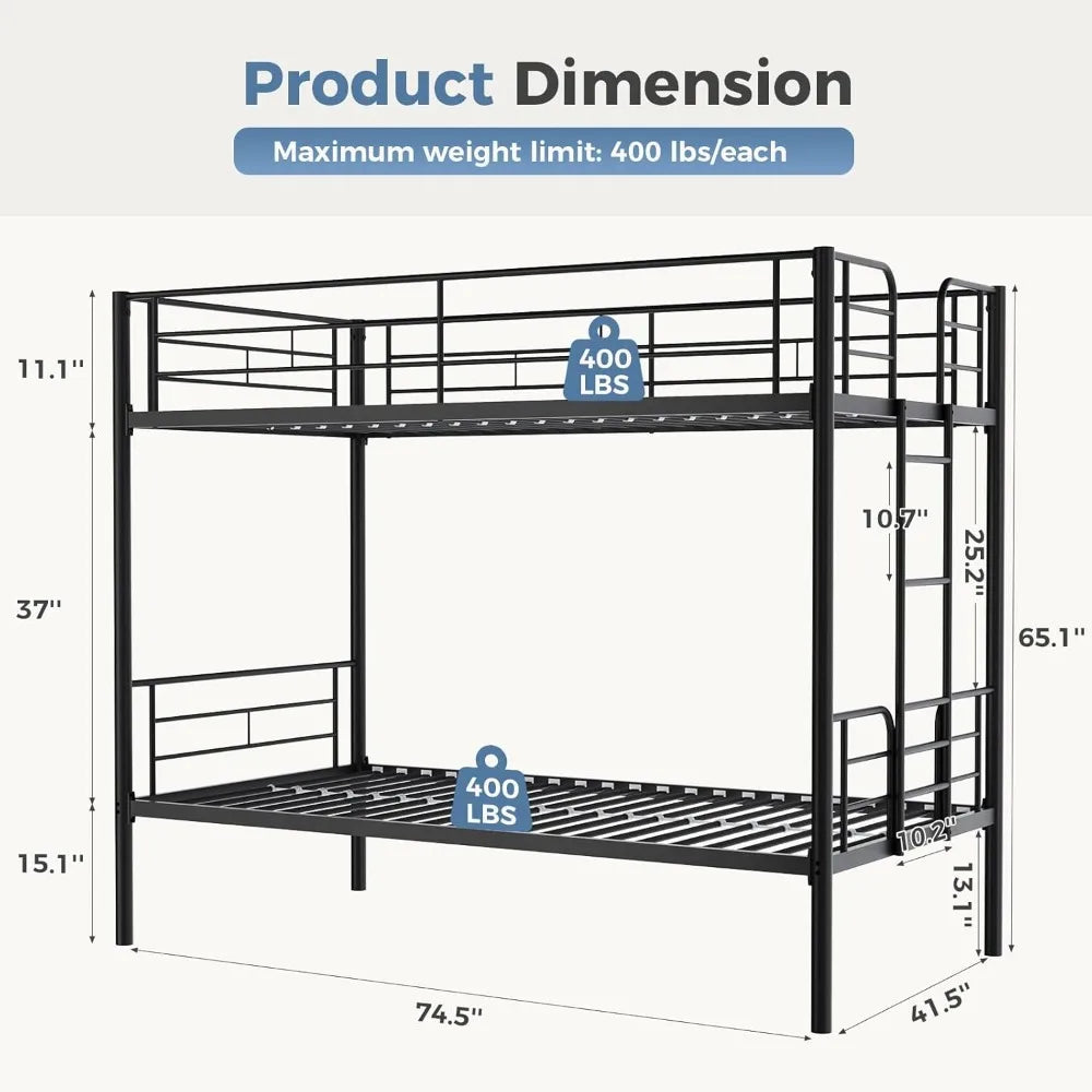 Metal Bunk Bed Frame Twin Over Twin with Ladder, High Guardrail, Heavy-Duty Slats, Under-Bed Storage, Noise-Free