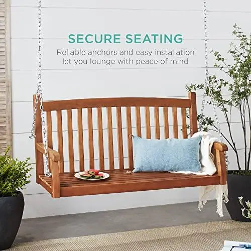 48in Wood Porch Swing Outdoor Patio Hanging Bench Chair Furniture for Deck, Garden, Yard w/Mounting Chains, Curved Back