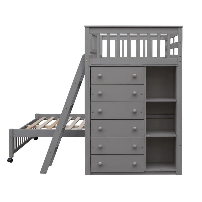 Gray Wooden Twin Over Full Bunk Bed with 6 Drawers and Adjustable Shelves, Bottom Bed on Wheels