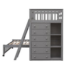 Gray Wooden Twin Over Full Bunk Bed with 6 Drawers and Adjustable Shelves, Bottom Bed on Wheels