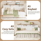 Upholstered Metal Daybed with Trundle, Twin Size Bed Frame, Farmhouse Style with Charging Station, White/Walnut