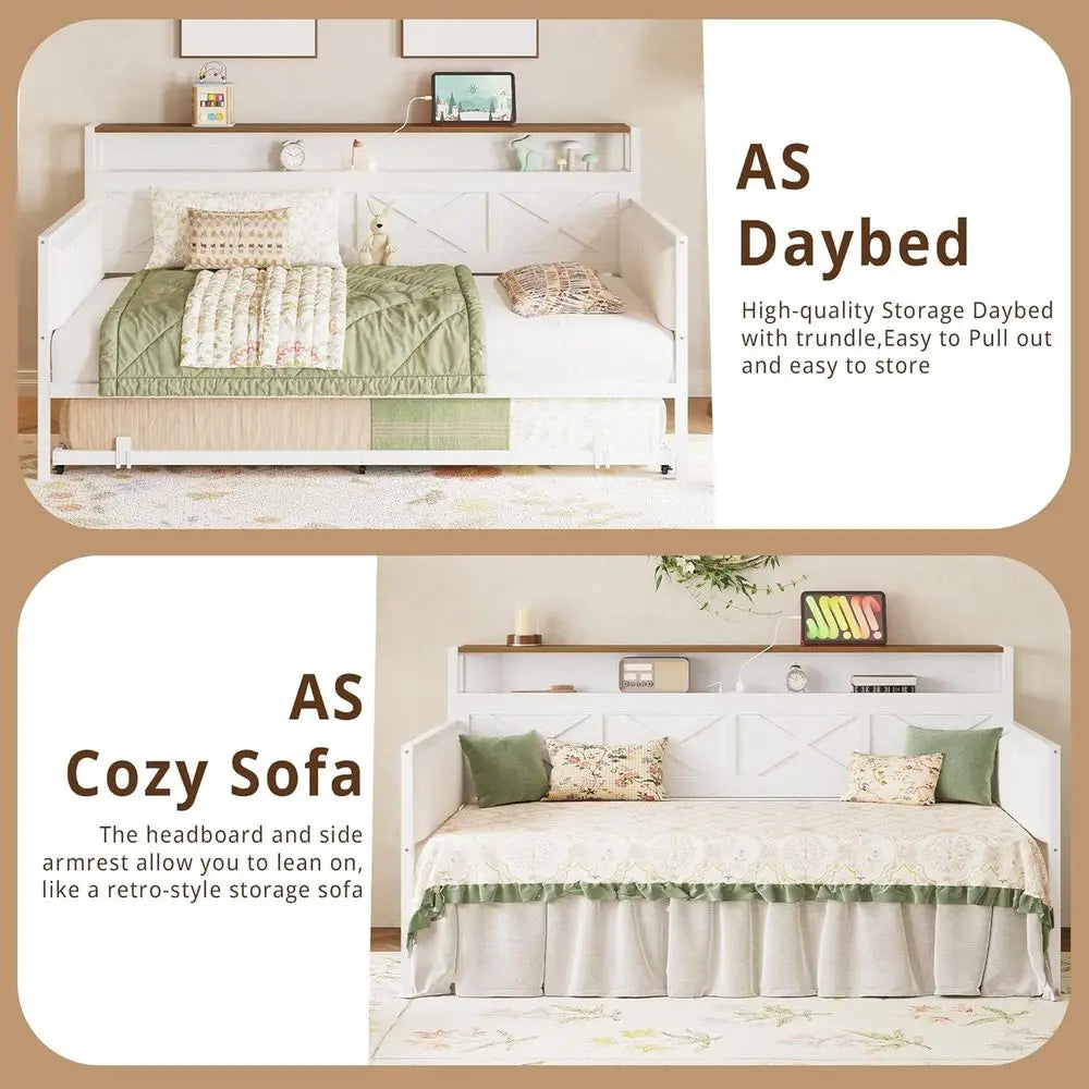 Upholstered Metal Daybed with Trundle, Twin Size Bed Frame, Farmhouse Style with Charging Station, White/Walnut