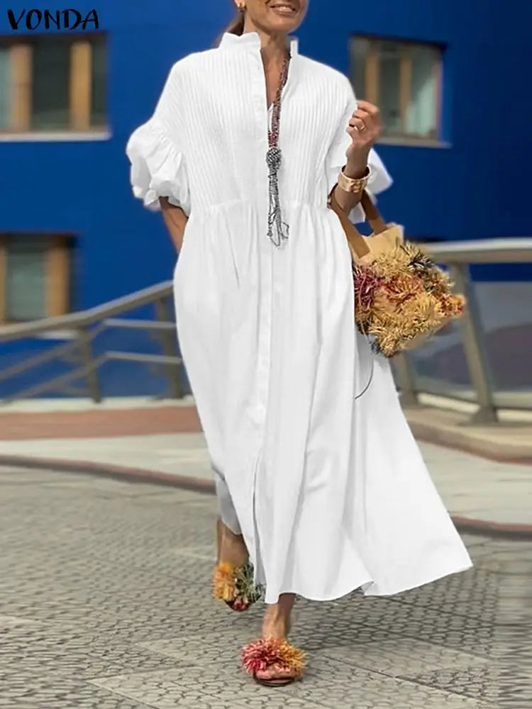 Plus Size 5XL VONDA Elegant Party Wedding Dress Women Autumn 3/4 Lantern Sleeve Pleated Maxi Sundress Casual Fashion Long Robe