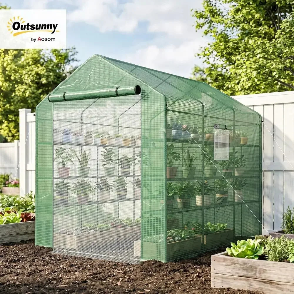 6' x 8' Walk-In Greenhouse with PE Cover, 4-Tier Shelves, Steel Construction, Roll-Up Door for Growing Vegetables, Saplings, and