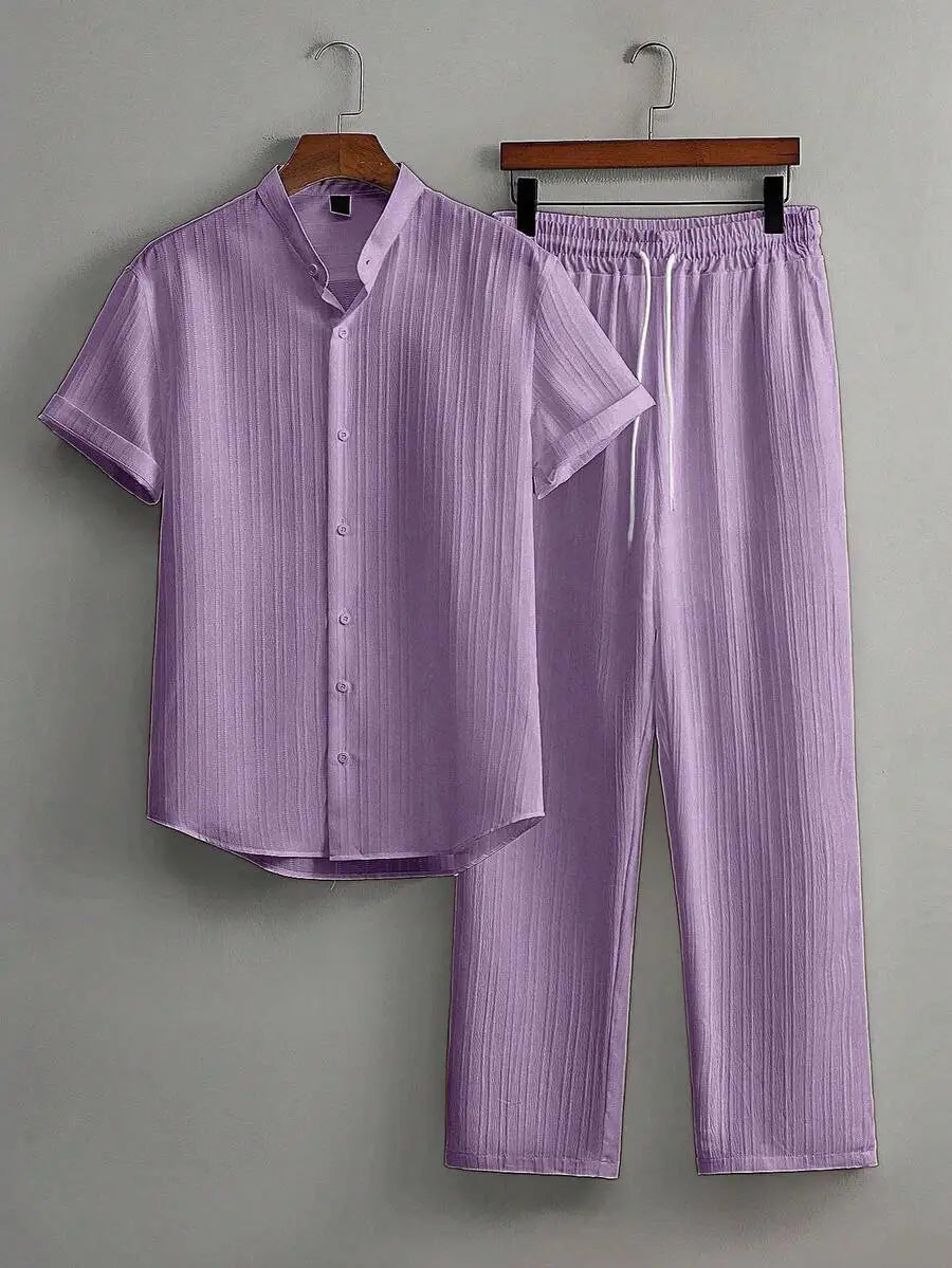 Mens Summer Solid Color Short Sleeve Stand Collar Shirt And Elastic Drawstring Pants Casual Co-ords Set