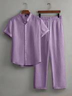 Mens Summer Solid Color Short Sleeve Stand Collar Shirt And Elastic Drawstring Pants Casual Co-ords Set
