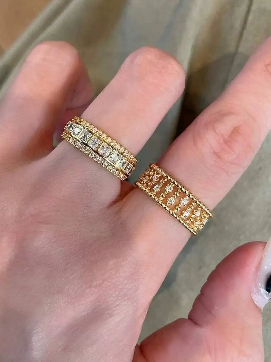 3Pcs Fashion Hollow Chain Open Copper Ring Set For Women, Inlaid Shiny Cubic Zirconia Finger Jewelry, Adjustable Stackable Rings, Elegant Accessory For Party Banquet Dating, Ideal Holiday Birthday Gift For Ladies