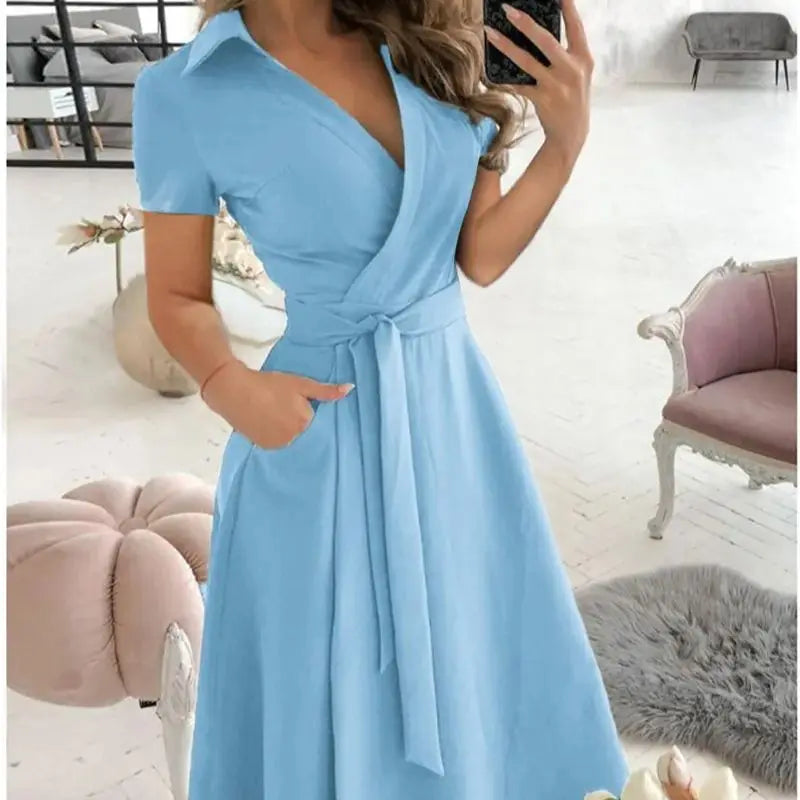 Solid Wrap Midi Dress Elegant Women Dress Mid Short Sleeve V Neck Tie Waist Pocket A-line Office Daily Summer