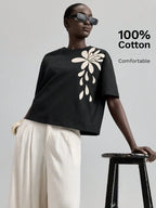 White Embroidered Floral Tee Short Sleeve Crew Neck Loose Comfortable Cotton T-Shirt