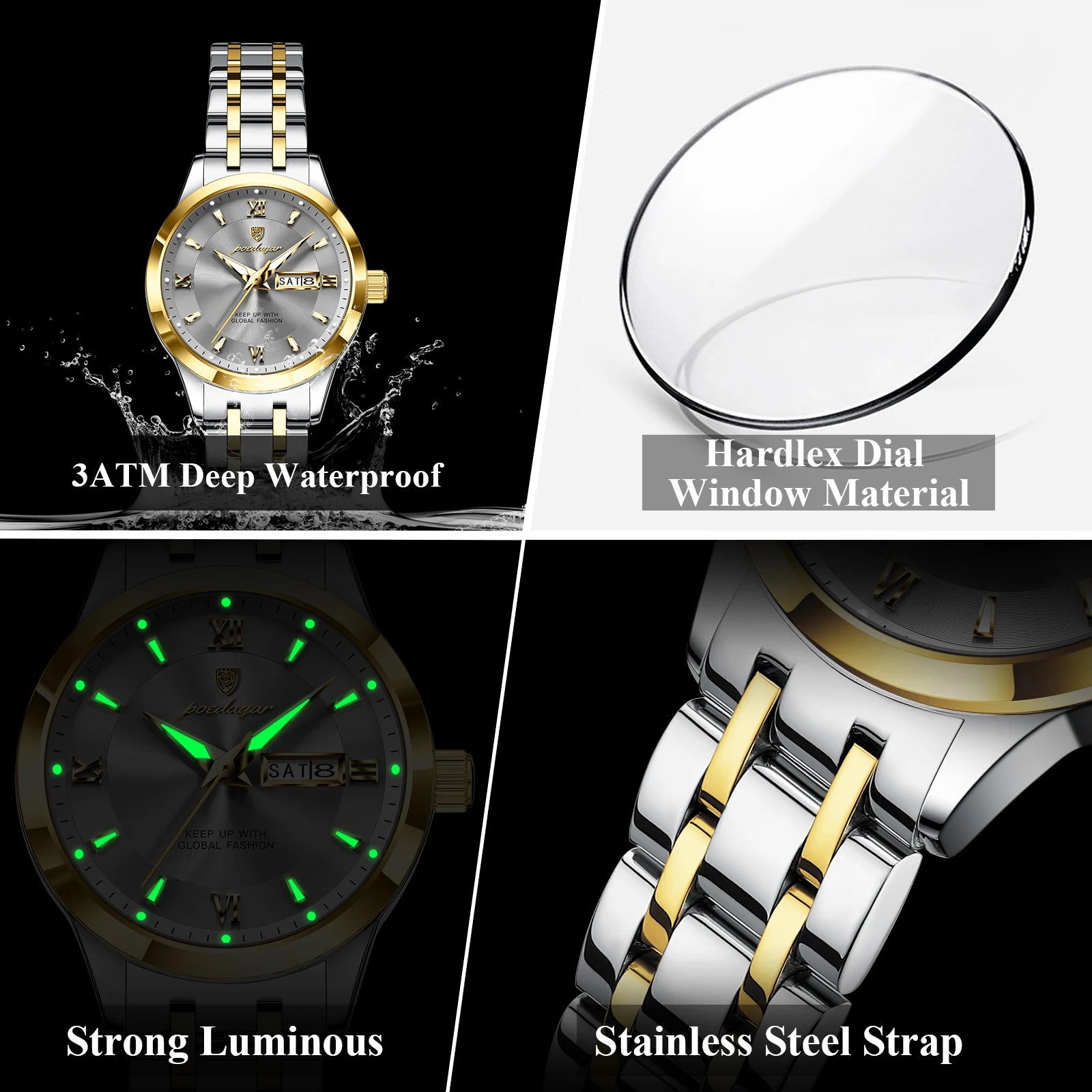 POEDAGAR Luxury Fashion Woman Watch Luminous Waterproof Stainless Steel Ladies Wristwatch Quartz Week Date Elegant Woman's Watches Male Reloj