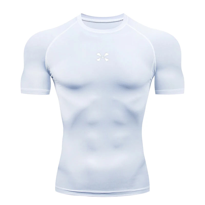 Summer Men Athletic Compression Short Sleeve Running T Shirt Elastic Polyester Quick Dry Gym Workout Fitness Top