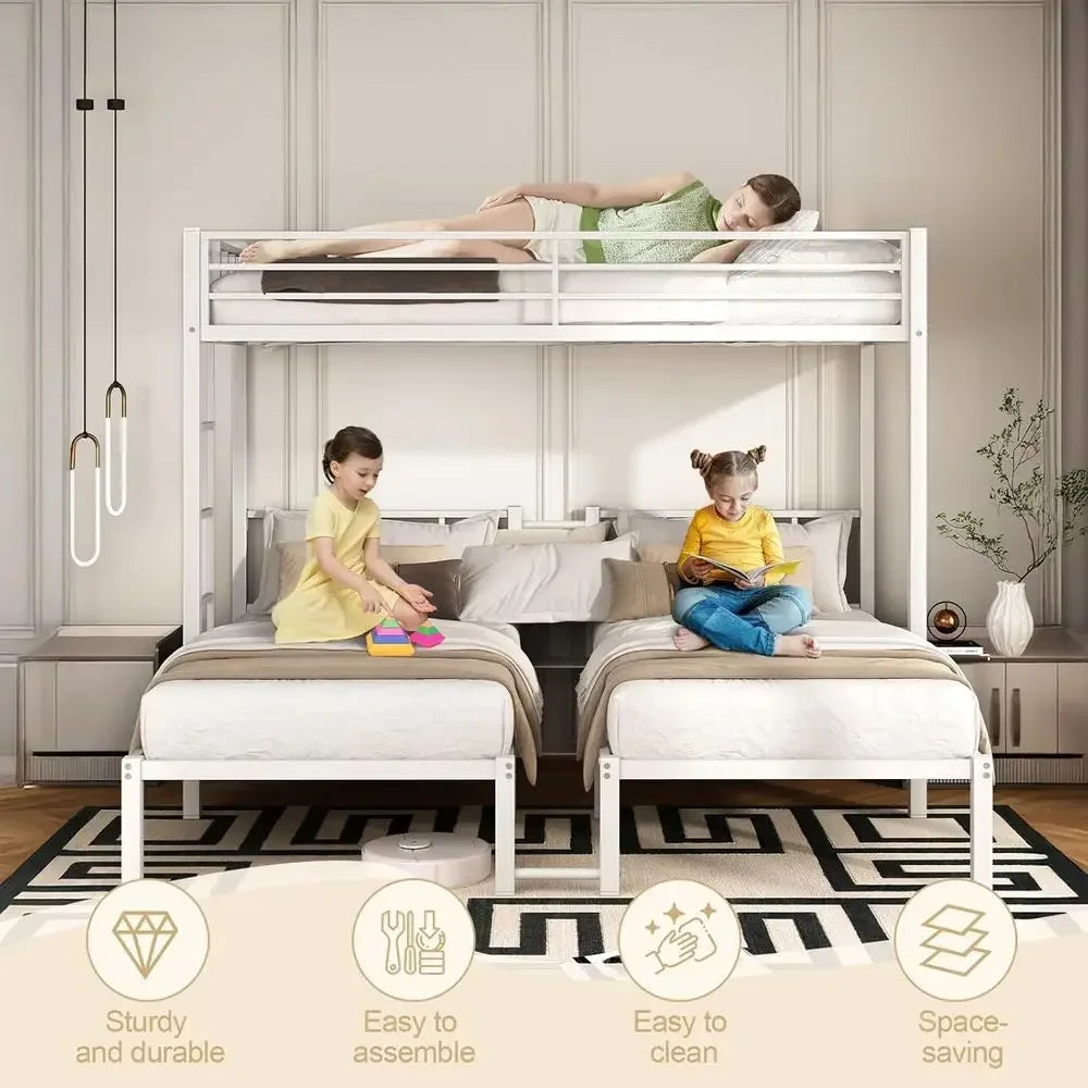 Sturdy Triple Bunk Bed - 3 Twin Beds with Railings & Ladder, Metal Frame, Suitable for Teens & Adults, White