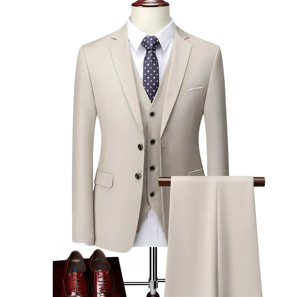Men Lapel Black Collar 3 Pcs Suit Set Coat Vest Trousers / Business Groom Wedding Dress Fprmal Blazer Pants Waistcoat