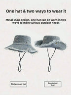 1pc Women's Retro Washed Frayed Edge Drawstring Bucket Hat, Outdoor Hiking Sun Hat, Student Sun Protection Hat, Suitable For