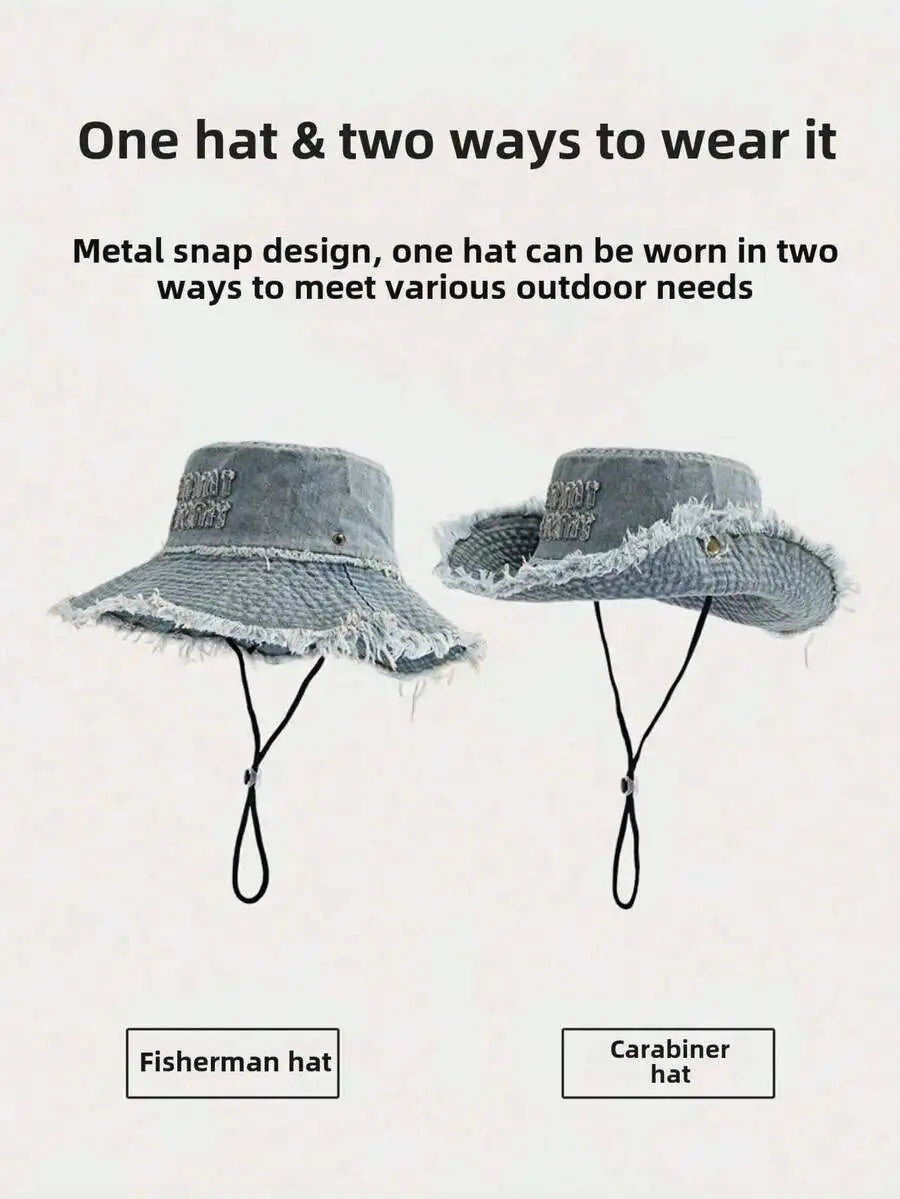 1pc Women's Retro Washed Frayed Edge Drawstring Bucket Hat, Outdoor Hiking Sun Hat, Student Sun Protection Hat, Suitable For