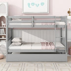 Grey Twin Over Twin Bunk Bed with Trundle, Convertible to Two Twin Beds, Includes Ladder and Guardrails