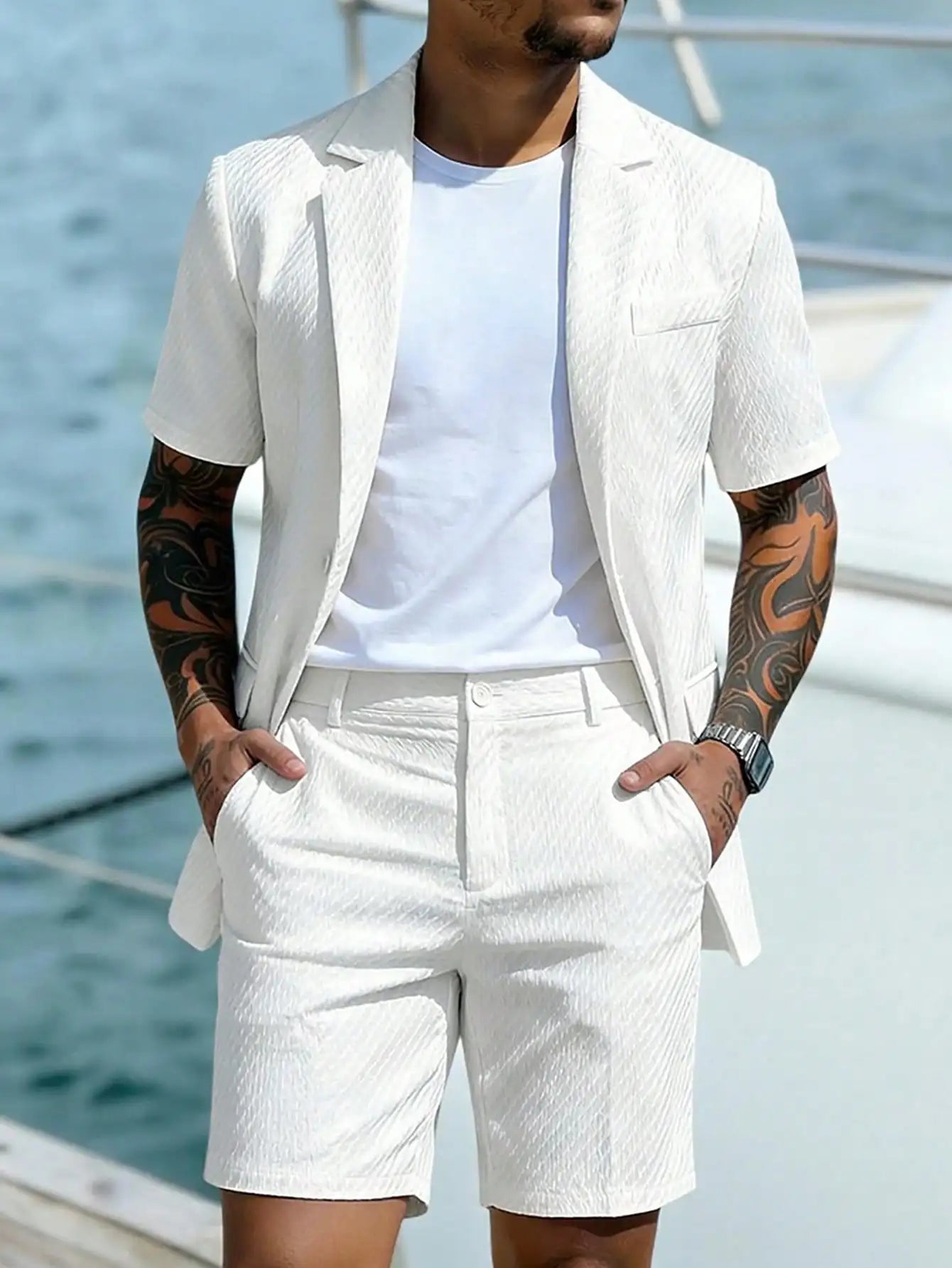 2pcs Men's Short Sleeve Suit Jacket And Shorts Set, Casual And Fashionable Daily Wear, Suitable As Gift For Male Friends