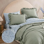 Queen Comforter Set - 7 Pieces Ruffle Sage Green Bedding, Shabby Chic Farmhouse Style with Floral Sheets & Pillowcases