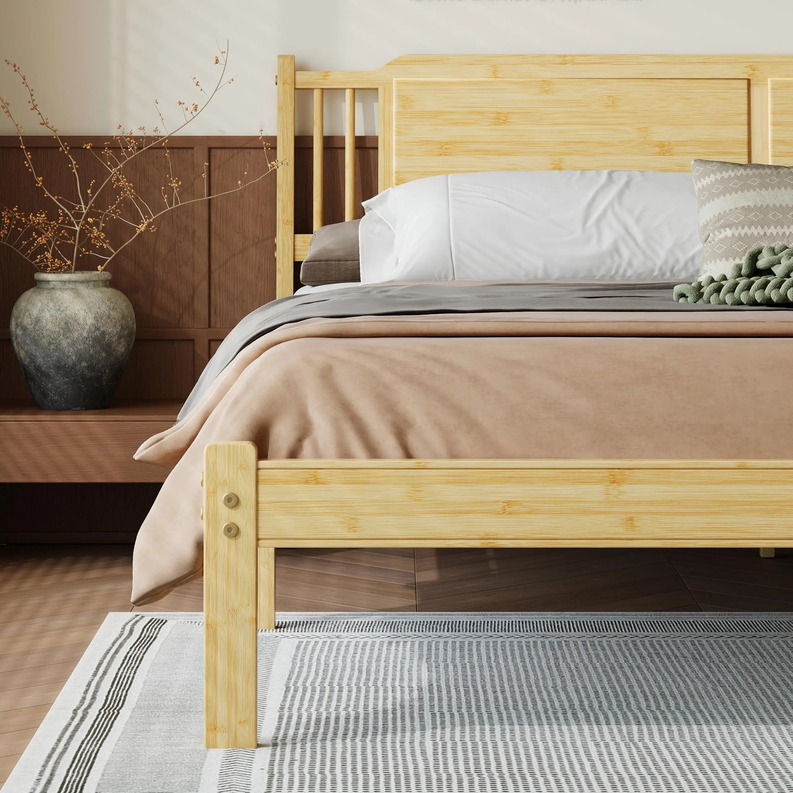 Twin XL Bamboo Platform Bed Frame With Scalloped Headboard 14 Inch Height Metal Slat Support
