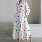 White V-Neck Long Sleeve Loose A-Line Shirt Dress Women Casual Elegant Midi