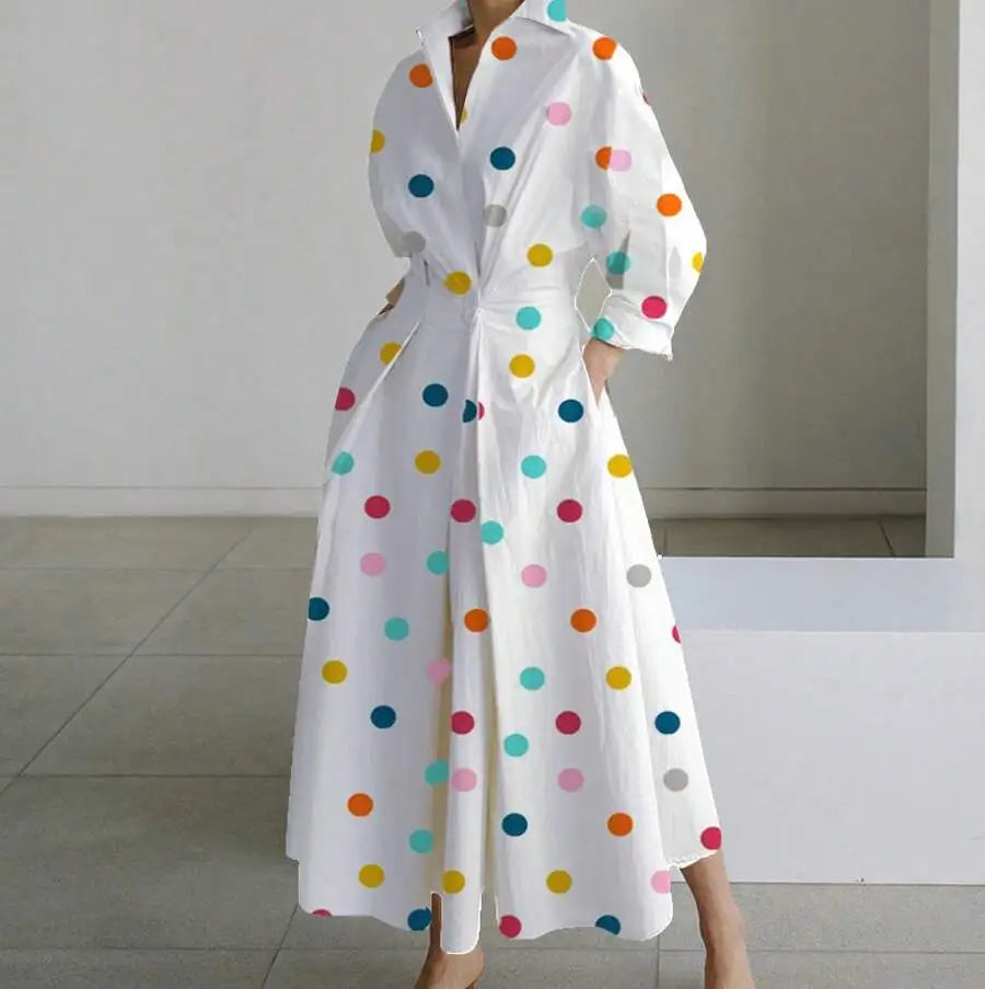 White V-Neck Long Sleeve Loose A-Line Shirt Dress Women Casual Elegant Midi