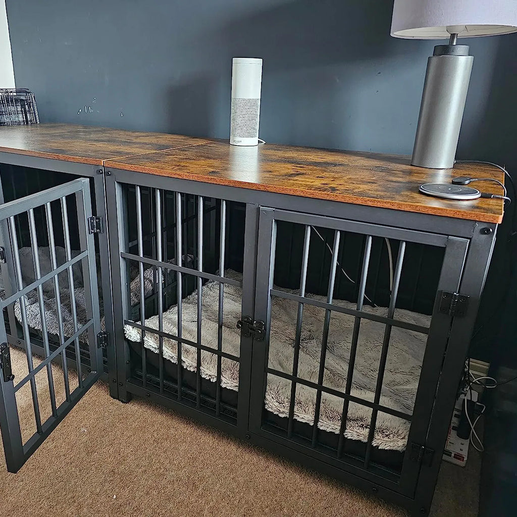 Large Wooden Dog Crate Indoor Furniture Style Elevated Pet Dog Cage Kennel End Table Lattice Playpen with 3 Doors Removable Tray