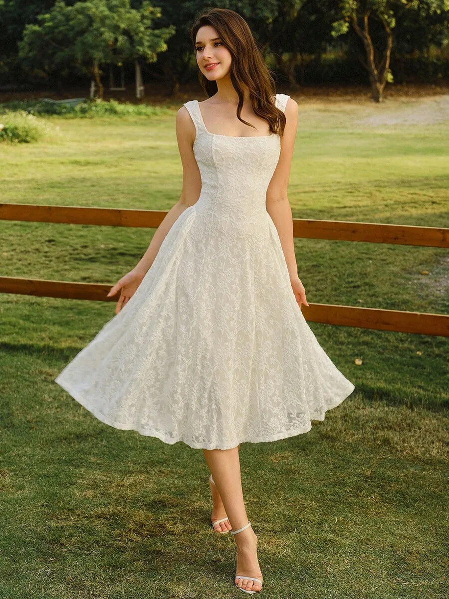 Elegant Lace Square Collar A-Line Midi Dress For Summer Wedding Guest Party