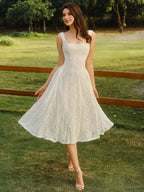 Elegant Lace Square Collar A-Line Midi Dress For Summer Wedding Guest Party