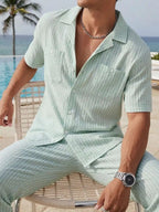 Mens Summer Solid Color Short Sleeve Stand Collar Shirt And Elastic Drawstring Pants Casual Co-ords Set
