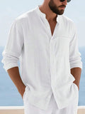Mens Linen Stand Collar Long Sleeve Button-Up Shirt Loose Breathable Casual Beach Vacation Wear
