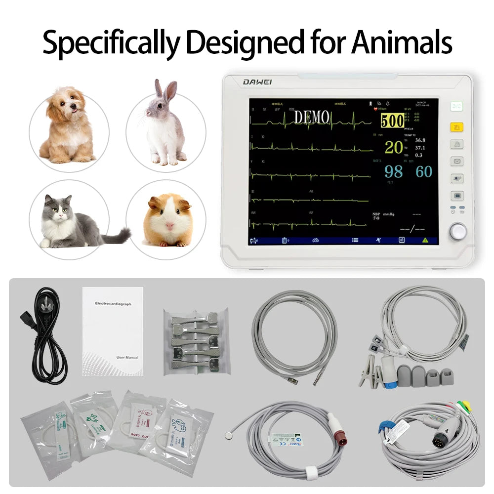 Portable Veterinary Monitor 6 Parameter, 12.1" LCD Big Screen Vet Patient for Pet Dogs Cats Animal Clinic