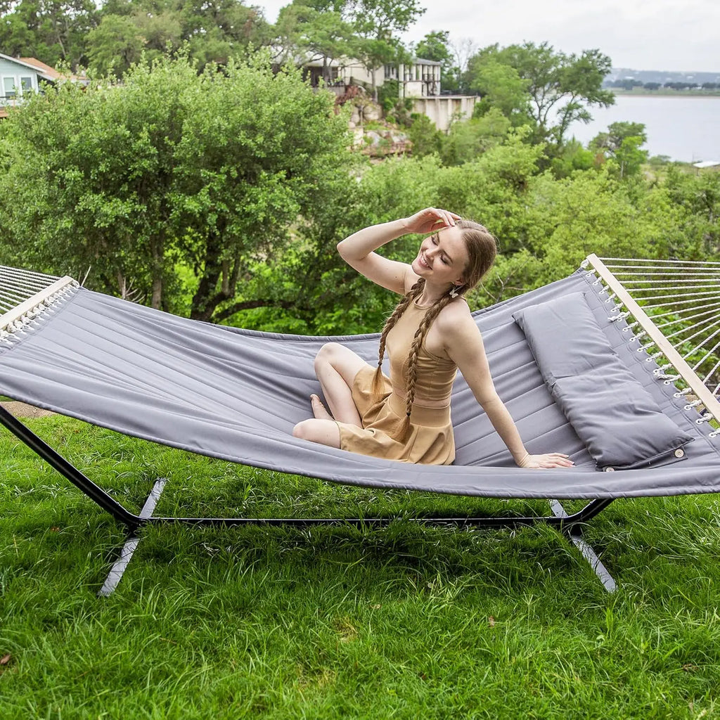 Outdoor Use, 2 Person Heavy Duty Portable Hammock with Stand, 475 lbs Capacity, Dark Grey Color