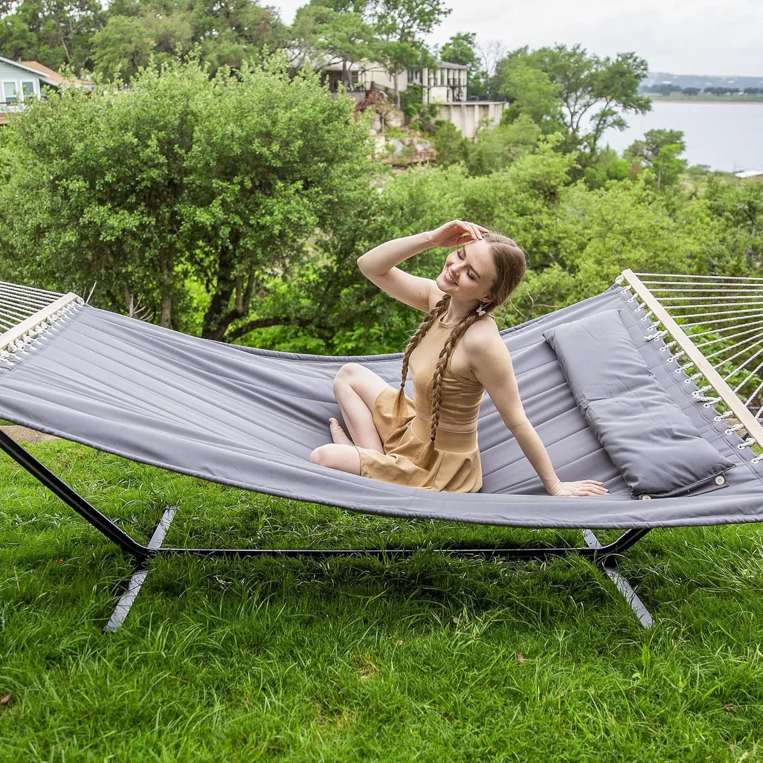 Outdoor Use, 2 Person Heavy Duty Portable Hammock with Stand, 475 lbs Capacity, Dark Grey Color