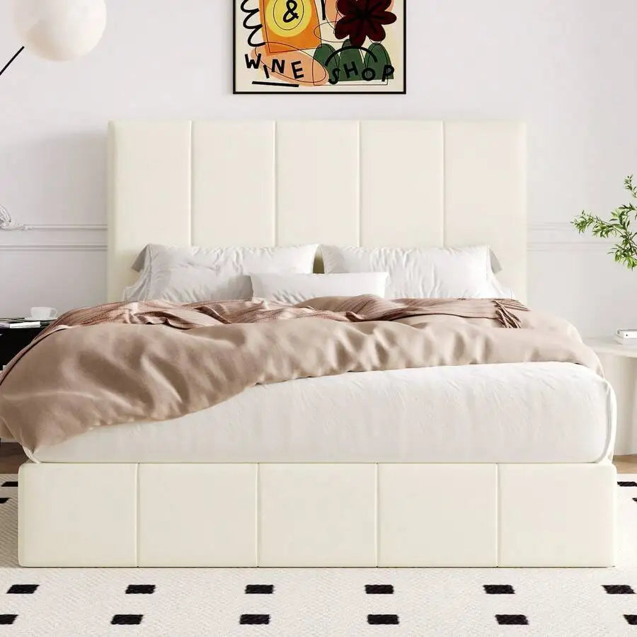 Full/Queen/King Size Velvet Lift Up Storage Bed Frame, Vertical Channel Tufted Headboard, Hydrualic Underneath Storage, Upholstered Platform Bed, Wooden Slats Support, No Box Spring Needed, Cream