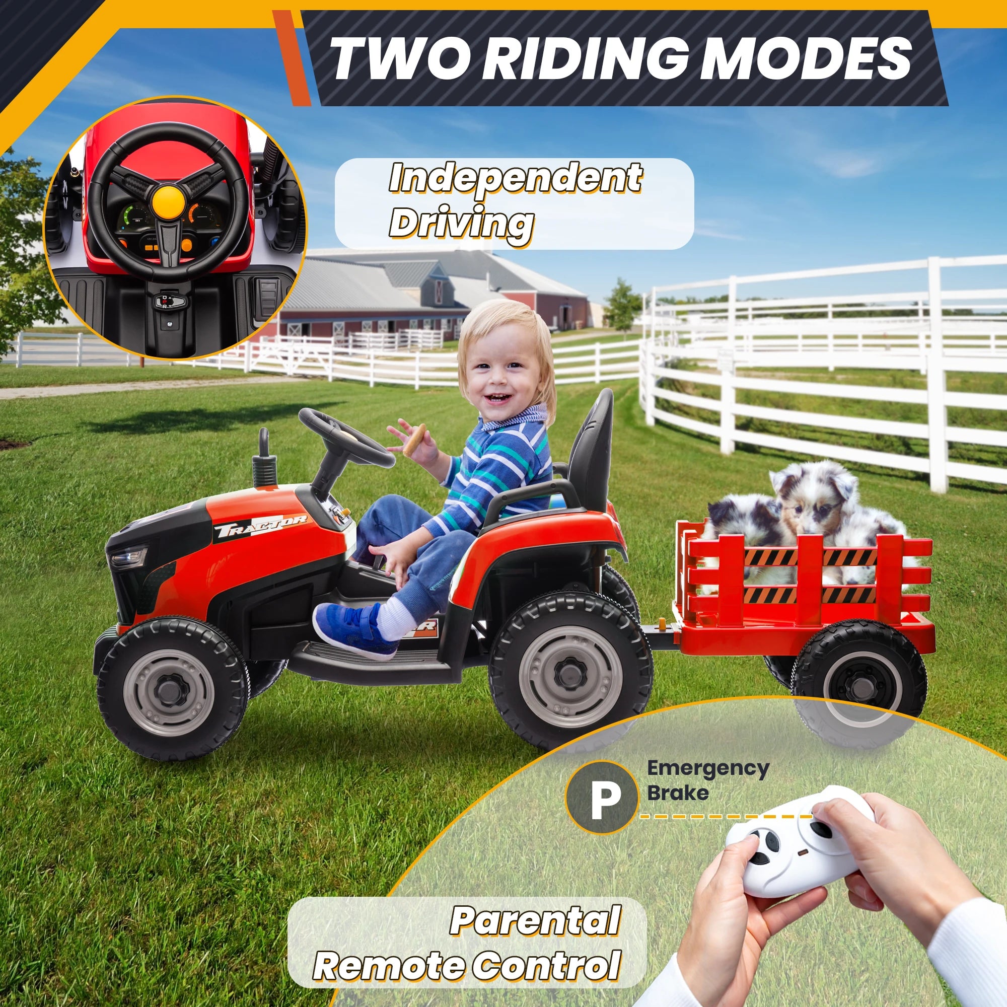 24V Kids Ride On Tractor w/400W Motors, 2-IN-1 Power Tractor Wheels w/Remote Control, Tiltable & Detachable Trailer, Adjustable Seat, Music, 24Volt Ride On Toys Electric Tractor for Kids