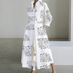White V-Neck Long Sleeve Loose A-Line Shirt Dress Women Casual Elegant Midi