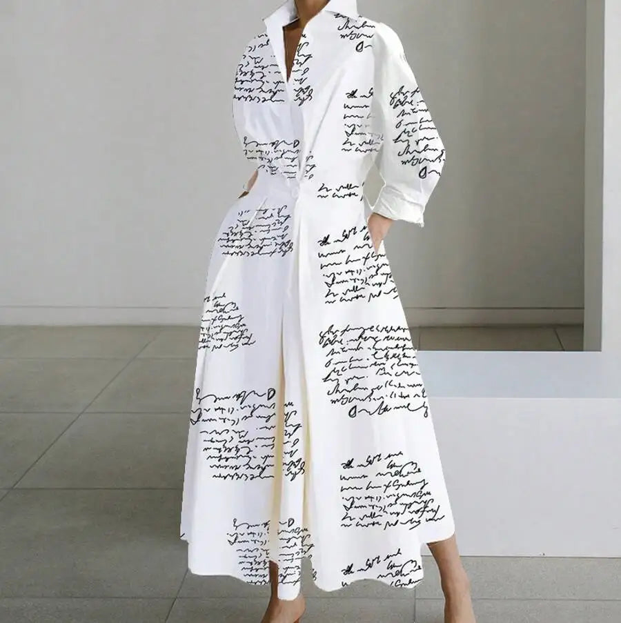 White V-Neck Long Sleeve Loose A-Line Shirt Dress Women Casual Elegant Midi